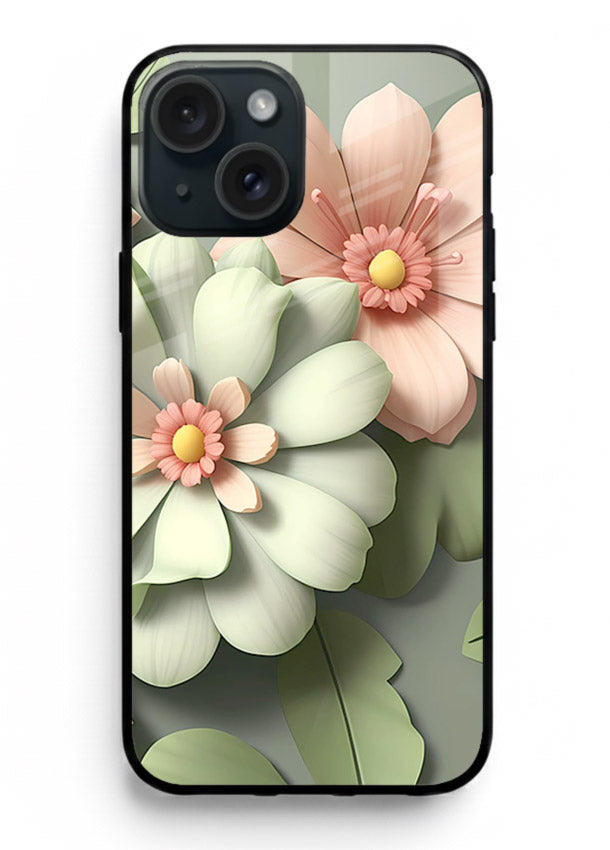 Pastel 3D floral artwork on iphone 13 mini glass back cover with layered dimensional petals.