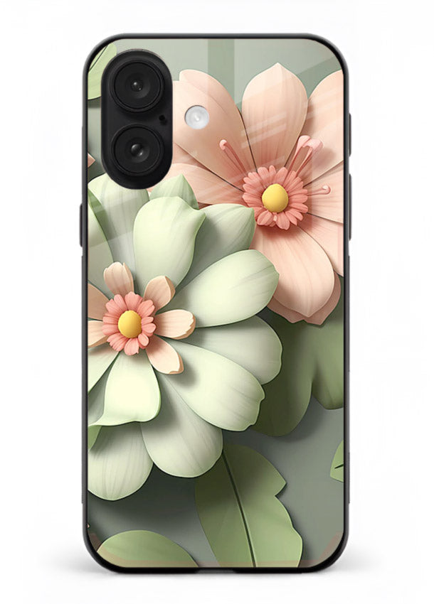 Pastel 3D floral artwork on iphone 17 glass back cover with layered dimensional petals.