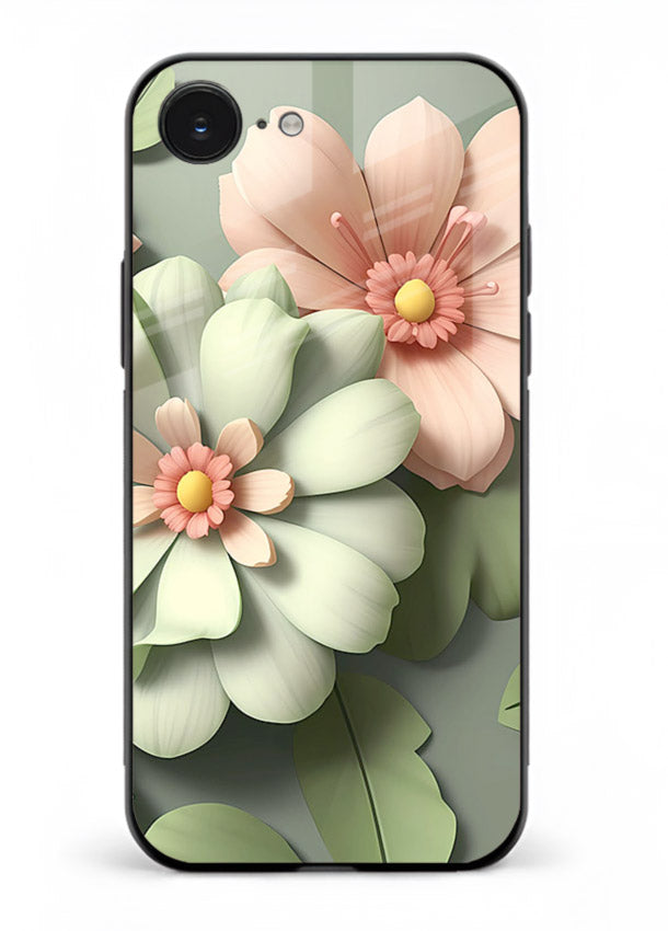Pastel 3D floral artwork on iphone 16e glass back cover with layered dimensional petals.