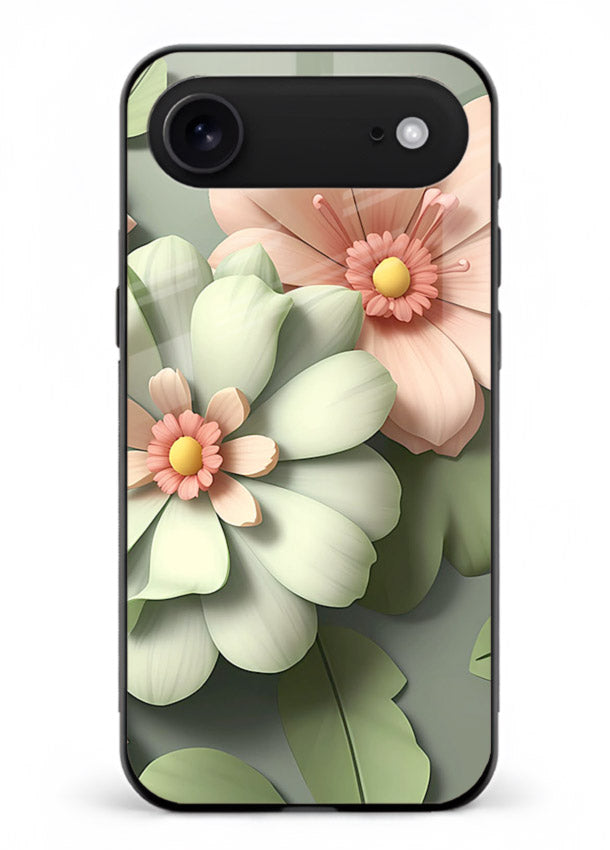 Pastel 3D floral artwork on iphone 17 air glass back cover with layered dimensional petals.