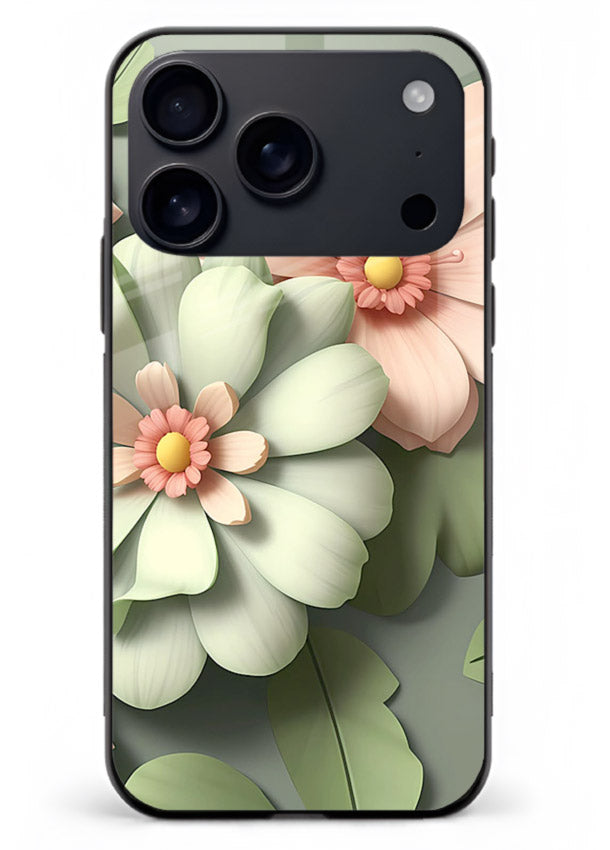 Pastel 3D floral artwork on iphone 18 pro max glass back cover with layered dimensional petals.