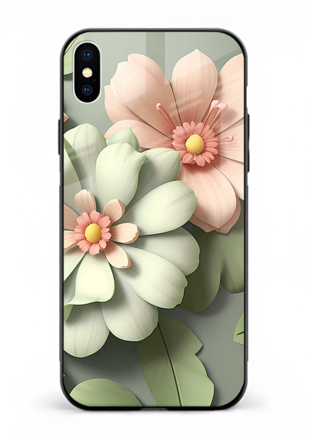 Pastel 3D floral artwork on iphone xs max glass back cover with layered dimensional petals.
