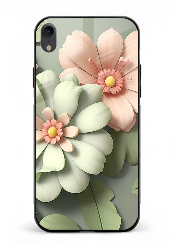 Pastel 3D floral artwork on iphone xr glass back cover with layered dimensional petals.