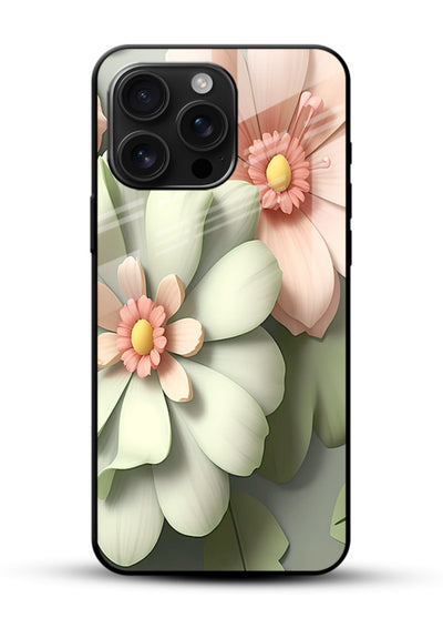 Pastel 3D floral artwork on glossy vibrant premium glass back cover with layered dimensional petals. - Angle Front