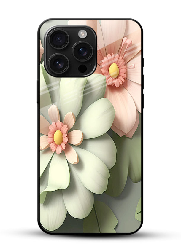 Pastel 3D floral artwork on glossy vibrant premium glass back cover with layered dimensional petals. - Angle Front