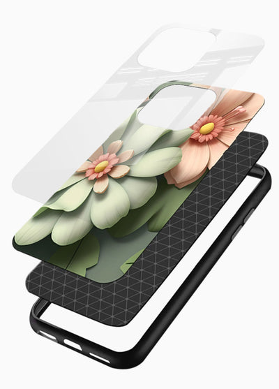 Pastel 3D floral artwork on glossy vibrant premium glass back cover with layered dimensional petals. - Angle Layers