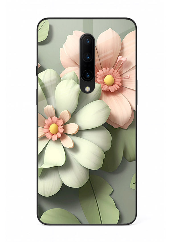 Pastel 3D floral artwork on OnePlus 7T Pro glass back cover with layered dimensional petals.