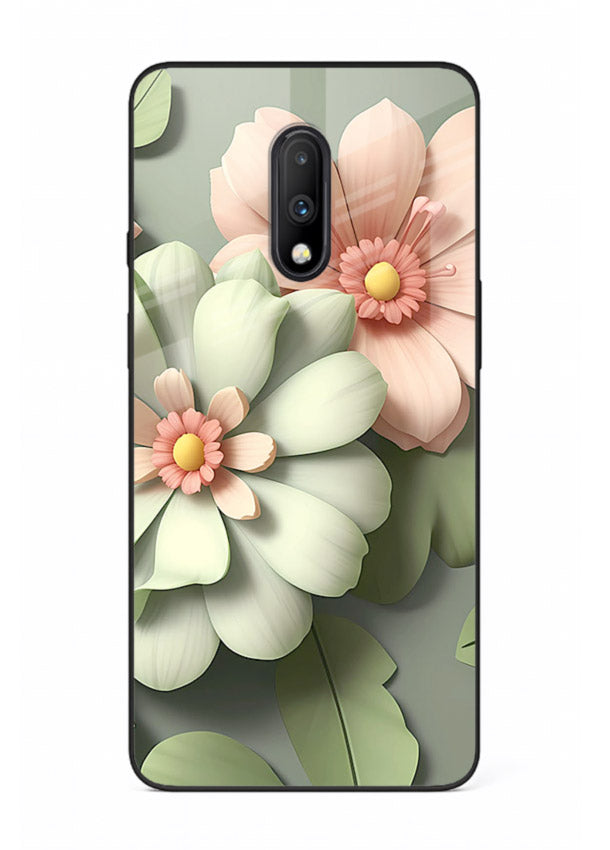 Pastel 3D floral artwork on OnePlus 7 glass back cover with layered dimensional petals.