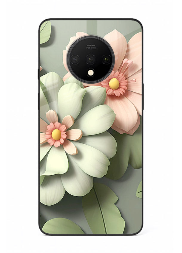 Pastel 3D floral artwork on OnePlus 7T glass back cover with layered dimensional petals.