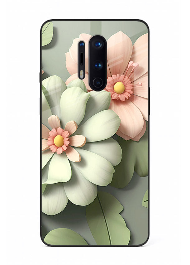 Pastel 3D floral artwork on OnePlus 8 Pro glass back cover with layered dimensional petals.