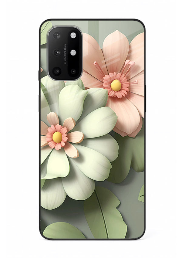 Pastel 3D floral artwork on OnePlus 8T glass back cover with layered dimensional petals.