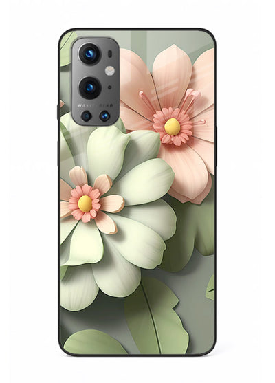 Pastel 3D floral artwork on OnePlus 9 glass back cover with layered dimensional petals.