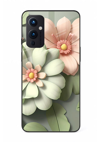 Pastel 3D floral artwork on OnePlus 9 Pro glass back cover with layered dimensional petals.