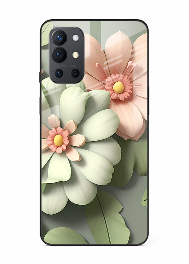 Pastel 3D floral artwork on OnePlus 9R glass back cover with layered dimensional petals.