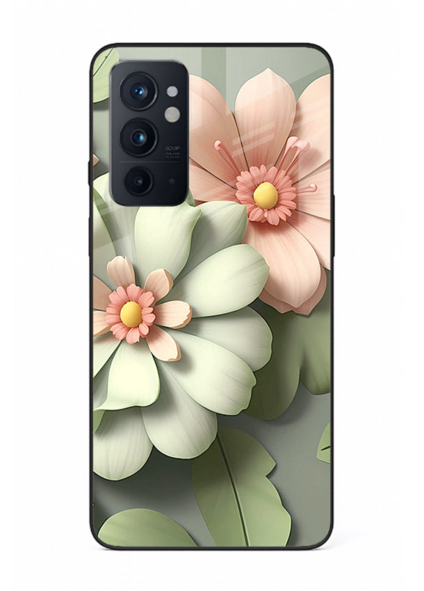 Pastel 3D floral artwork on OnePlus 9RT glass back cover with layered dimensional petals.