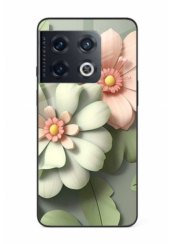 Pastel 3D floral artwork on OnePlus 10 Pro glass back cover with layered dimensional petals.