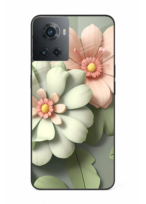 Pastel 3D floral artwork on OnePlus 10R glass back cover with layered dimensional petals.