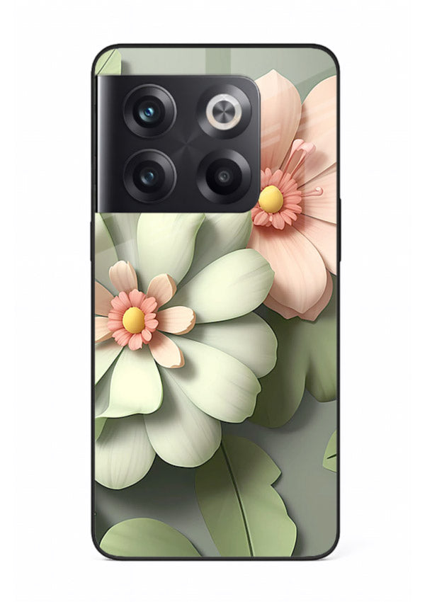 Pastel 3D floral artwork on OnePlus 10T glass back cover with layered dimensional petals.