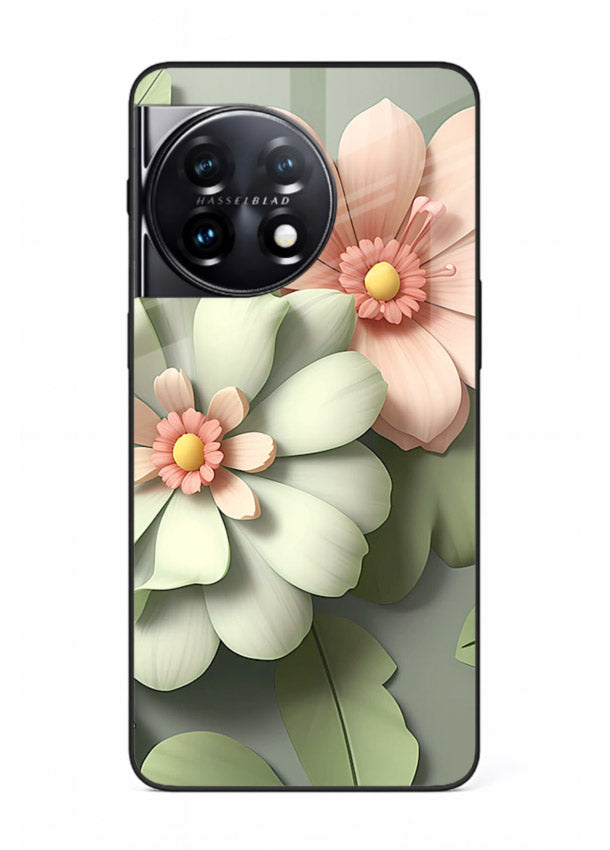 Pastel 3D floral artwork on OnePlus 11R glass back cover with layered dimensional petals.