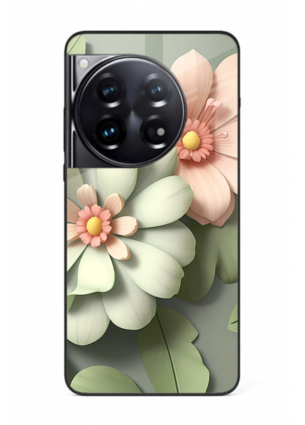 Pastel 3D floral artwork on OnePlus 12 glass back cover with layered dimensional petals.