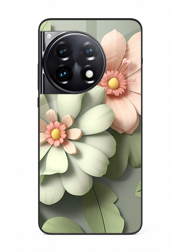 Pastel 3D floral artwork on OnePlus 12R glass back cover with layered dimensional petals.