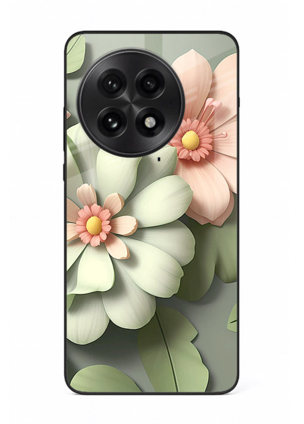 Pastel 3D floral artwork on OnePlus 13R glass back cover with layered dimensional petals.