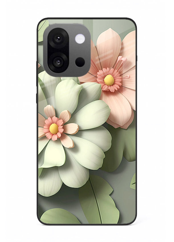 Pastel 3D floral artwork on OnePlus 13s glass back cover with layered dimensional petals.
