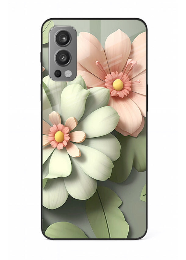 Pastel 3D floral artwork on OnePlus Nord 2 glass back cover with layered dimensional petals.
