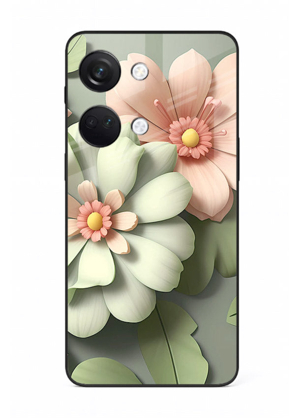Pastel 3D floral artwork on OnePlus Nord 3 glass back cover with layered dimensional petals.