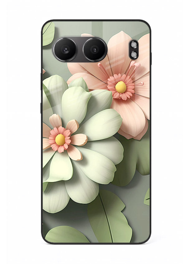 Pastel 3D floral artwork on OnePlus Nord 4 glass back cover with layered dimensional petals.
