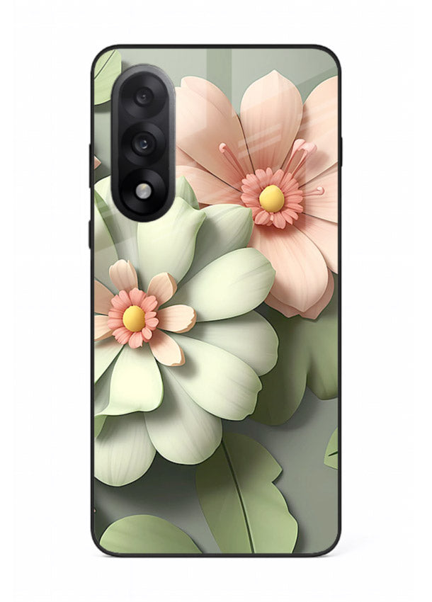Pastel 3D floral artwork on OnePlus Nord 5 glass back cover with layered dimensional petals.
