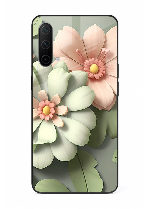 Pastel 3D floral artwork on OnePlus Nord CE 5G glass back cover with layered dimensional petals.