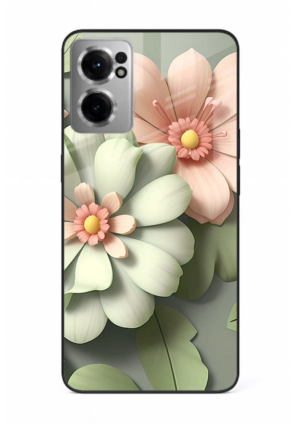 Pastel 3D floral artwork on OnePlus Nord CE2 5G glass back cover with layered dimensional petals.