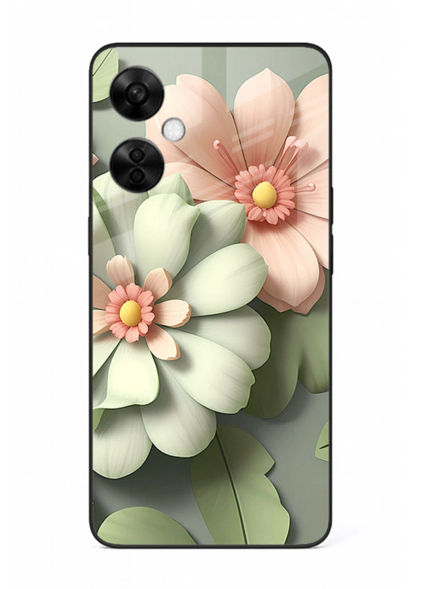 Pastel 3D floral artwork on OnePlus Nord CE3 Lite glass back cover with layered dimensional petals.