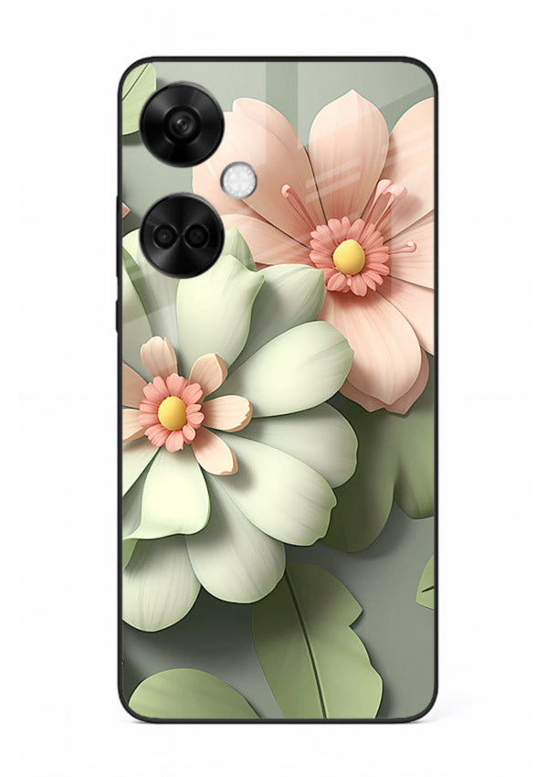 Pastel 3D floral artwork on OnePlus Nord CE3 glass back cover with layered dimensional petals.