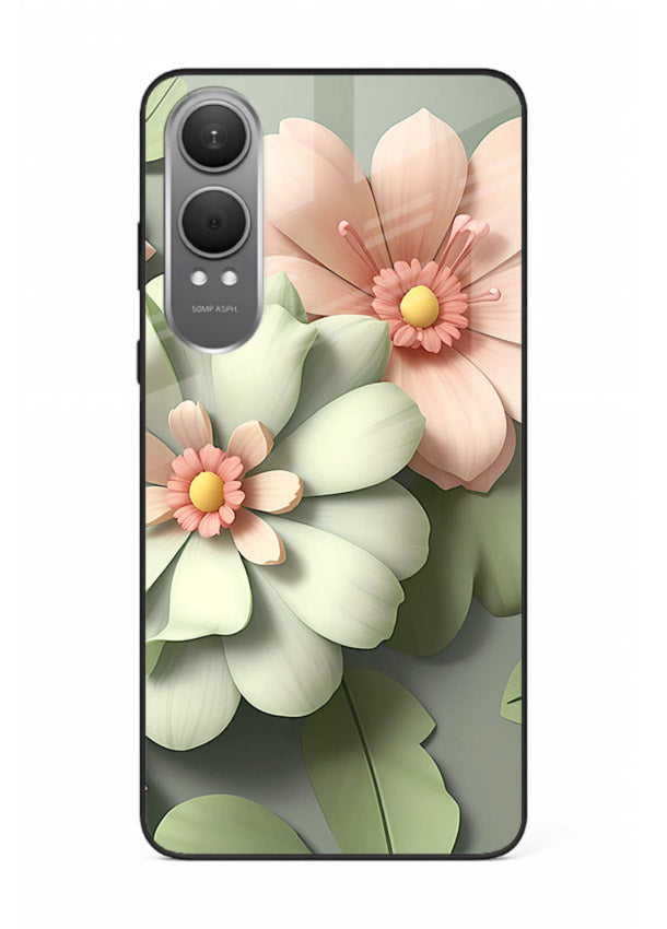 Pastel 3D floral artwork on OnePlus Nord CE4 Lite glass back cover with layered dimensional petals.