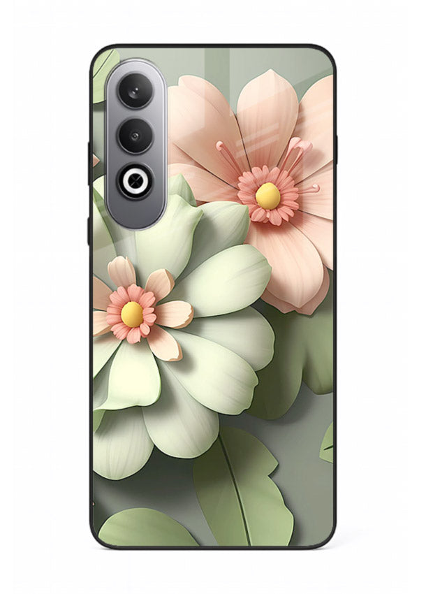 Pastel 3D floral artwork on OnePlus Nord CE4 glass back cover with layered dimensional petals.