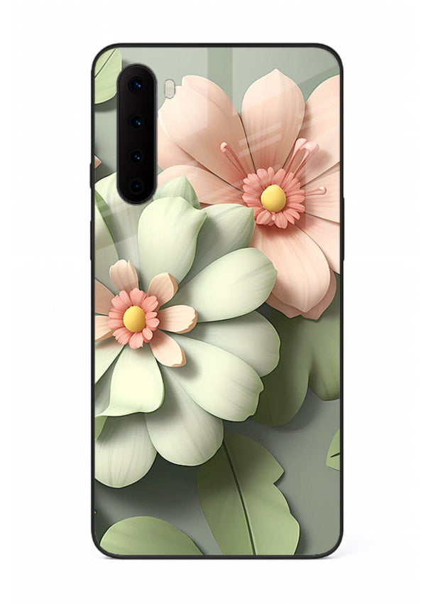 Pastel 3D floral artwork on OnePlus Nord glass back cover with layered dimensional petals.