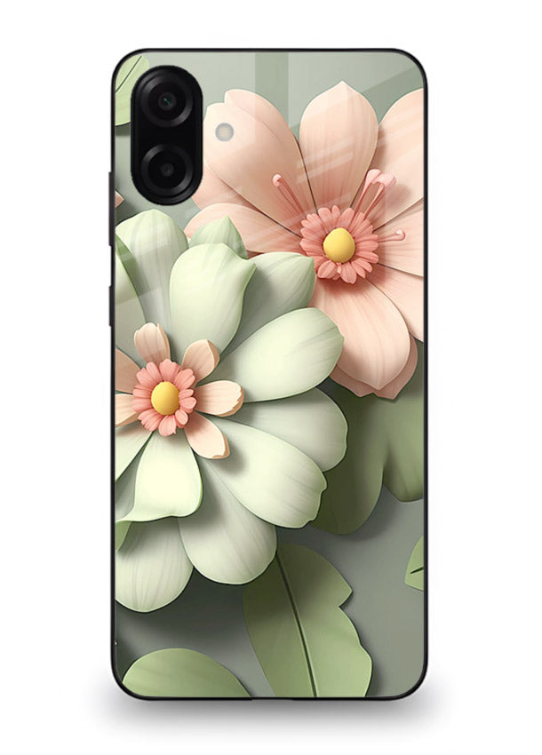 Pastel 3D floral artwork on Samsung A06 5G glass back cover with layered dimensional petals.