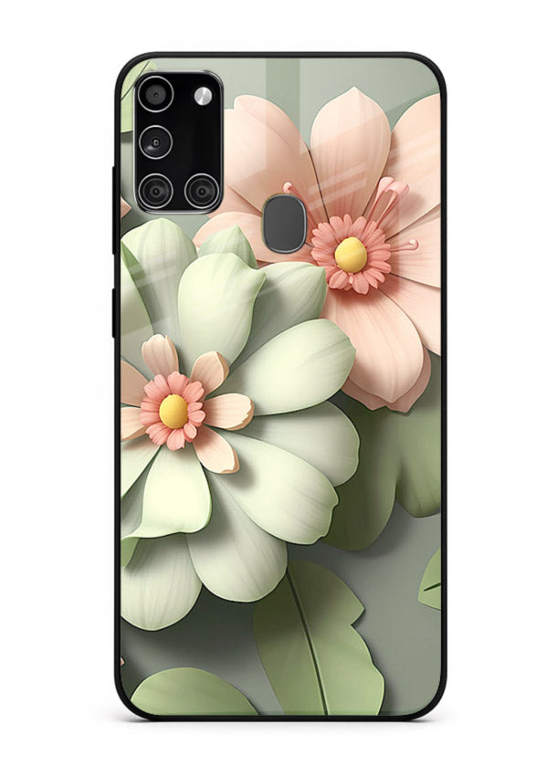 Pastel 3D floral artwork on Samsung A21s glass back cover with layered dimensional petals.
