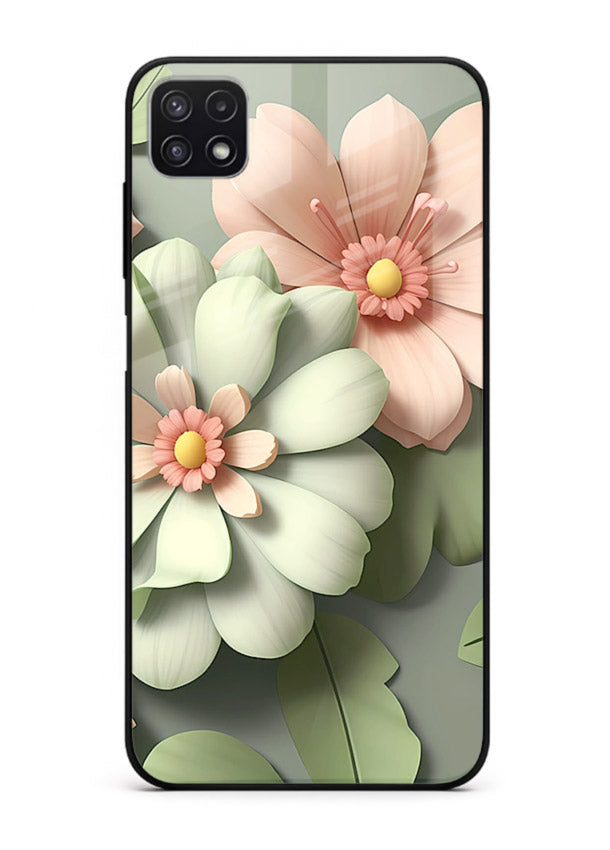 Pastel 3D floral artwork on Samsung F42 5G glass back cover with layered dimensional petals.