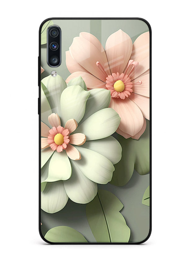 Pastel 3D floral artwork on Samsung A50 glass back cover with layered dimensional petals.