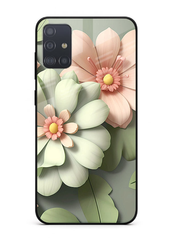 Pastel 3D floral artwork on Samsung A71 glass back cover with layered dimensional petals.