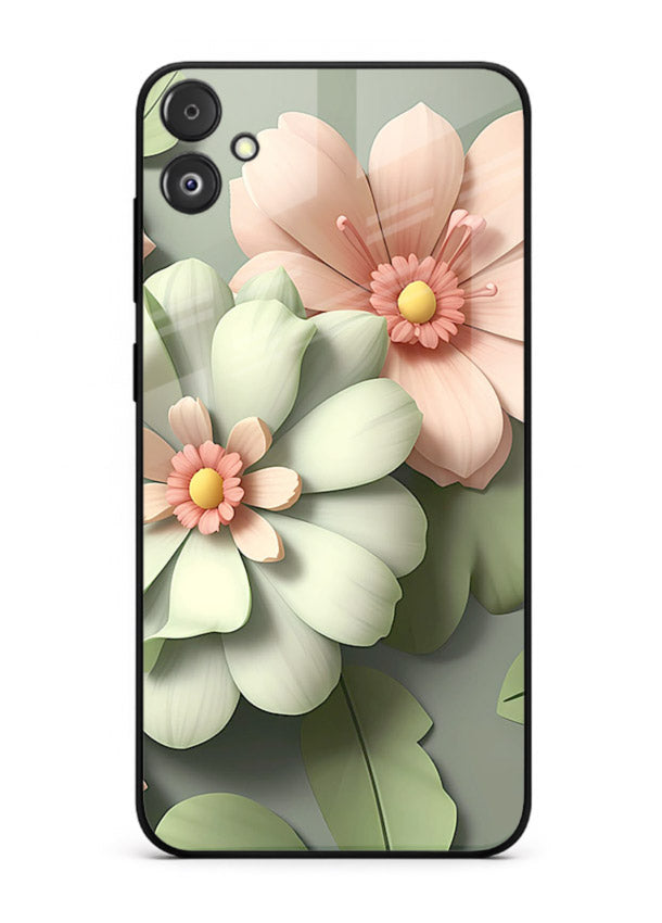 Pastel 3D floral artwork on Samsung F14 5G glass back cover with layered dimensional petals.