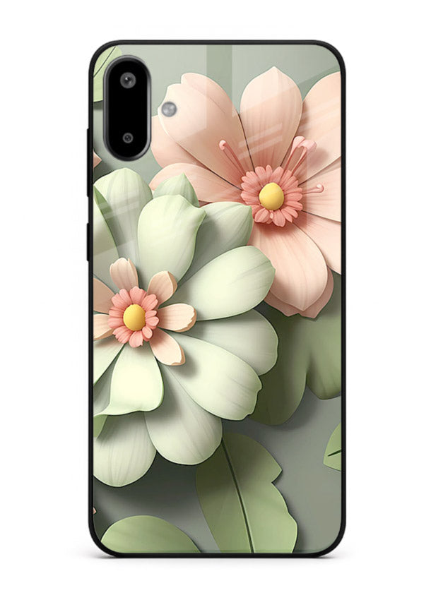 Pastel 3D floral artwork on Samsung F06 5G glass back cover with layered dimensional petals.