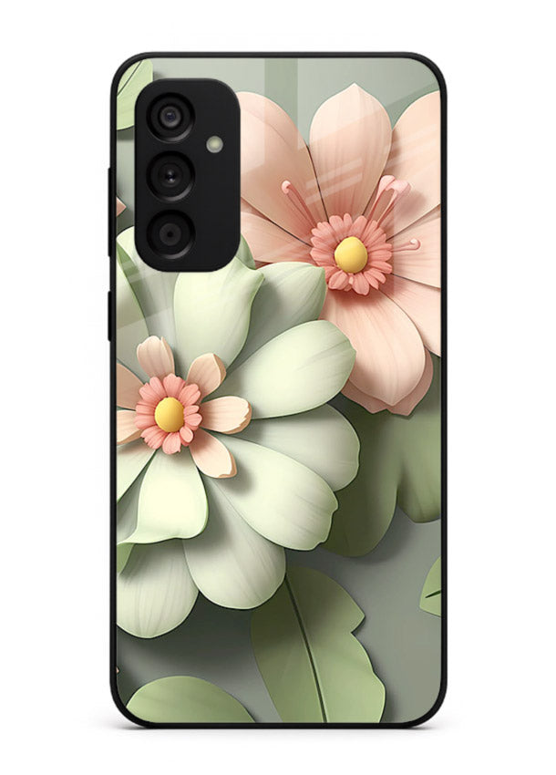 Pastel 3D floral artwork on Samsung M15 5G glass back cover with layered dimensional petals.