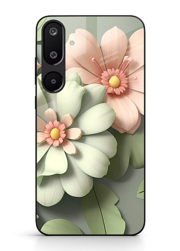 Pastel 3D floral artwork on Samsung M16 5G glass back cover with layered dimensional petals.