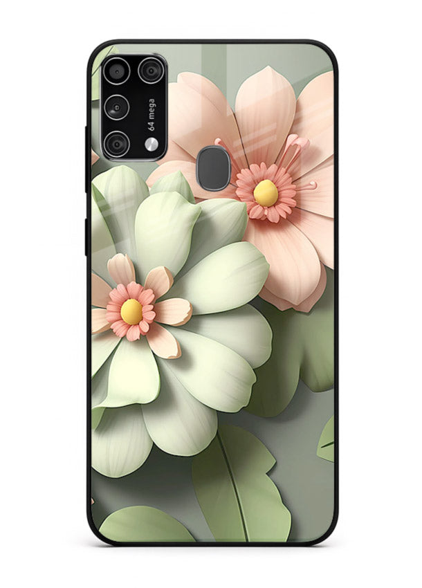 Pastel 3D floral artwork on Samsung M31 Prime glass back cover with layered dimensional petals.
