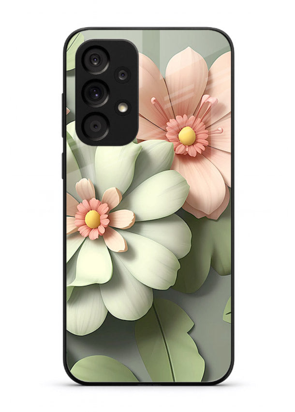 Pastel 3D floral artwork on Samsung A73 5G glass back cover with layered dimensional petals.