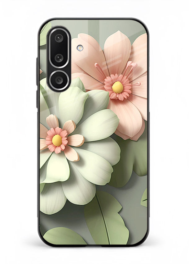 Pastel 3D floral artwork on Samsung M56 5G glass back cover with layered dimensional petals.